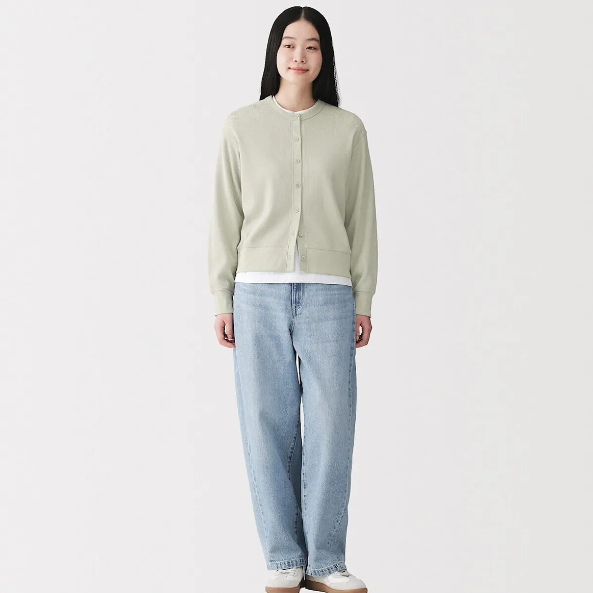 Cardigan à col ras du cou en coton biologique tricoté et gaufré pour femme