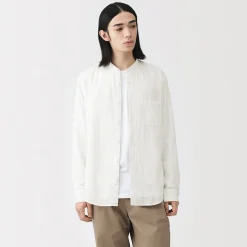 Chemise à col mao en double gaze de kapok mélangé pour homme