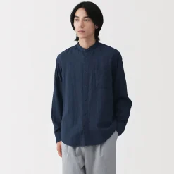 Chemise à col mao en double gaze de kapok mélangé pour homme