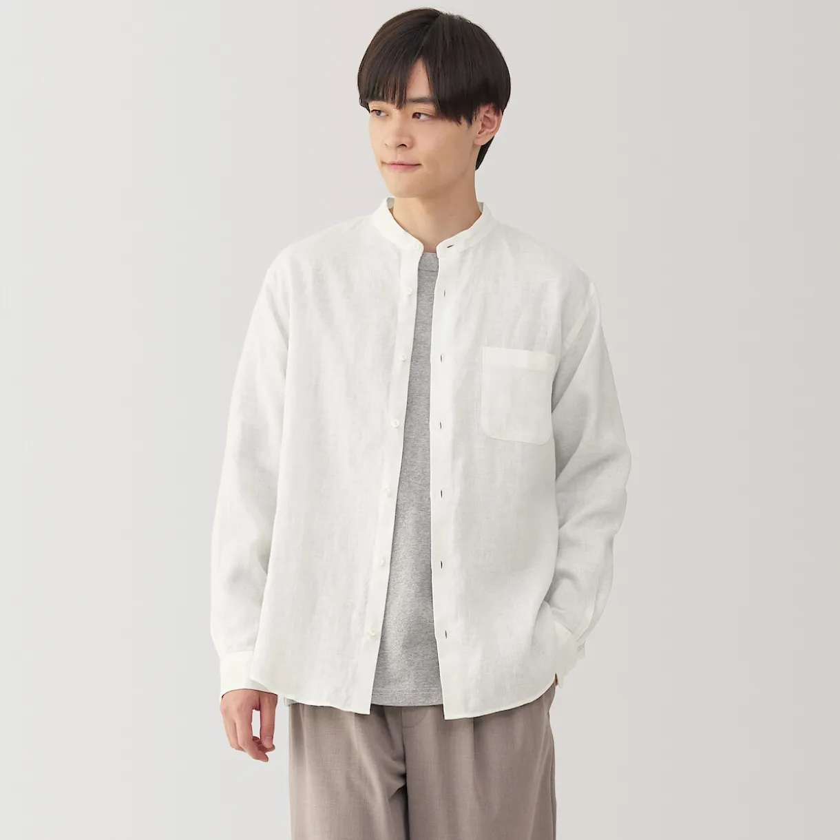 Chemise à col mao en lin lavé pour homme