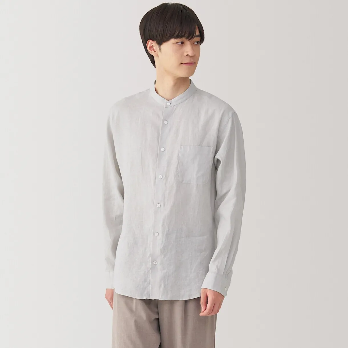 Chemise à col mao en lin lavé pour homme