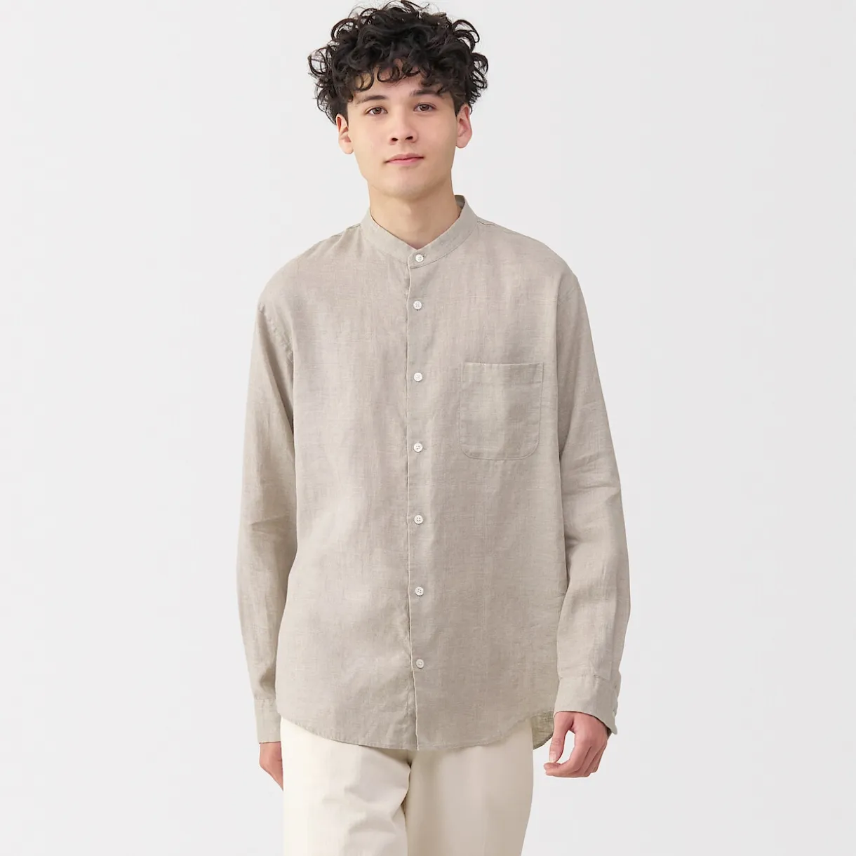 Chemise à col mao en lin lavé pour homme