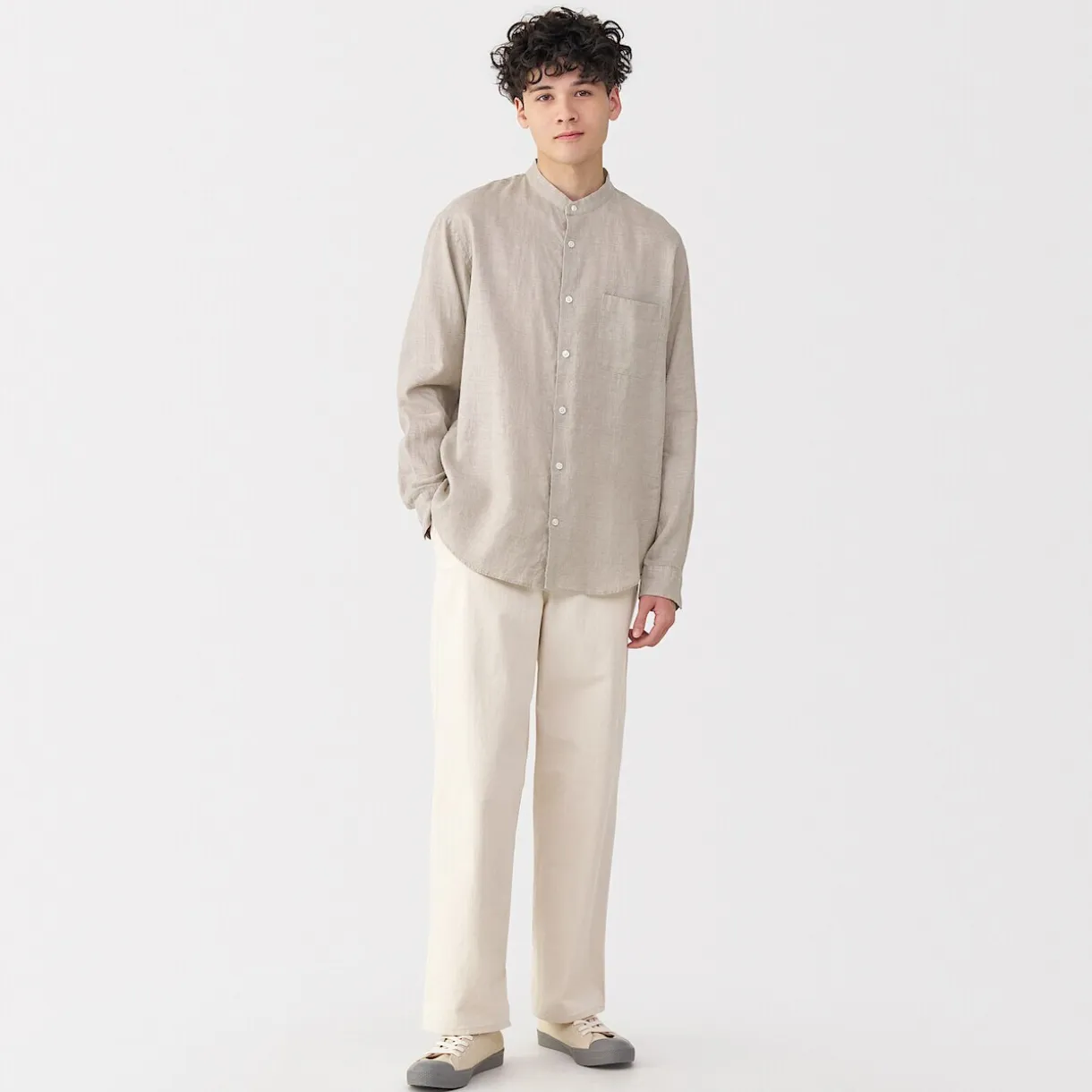 Chemise à col mao en lin lavé pour homme