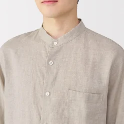 Chemise à col mao en lin lavé pour homme