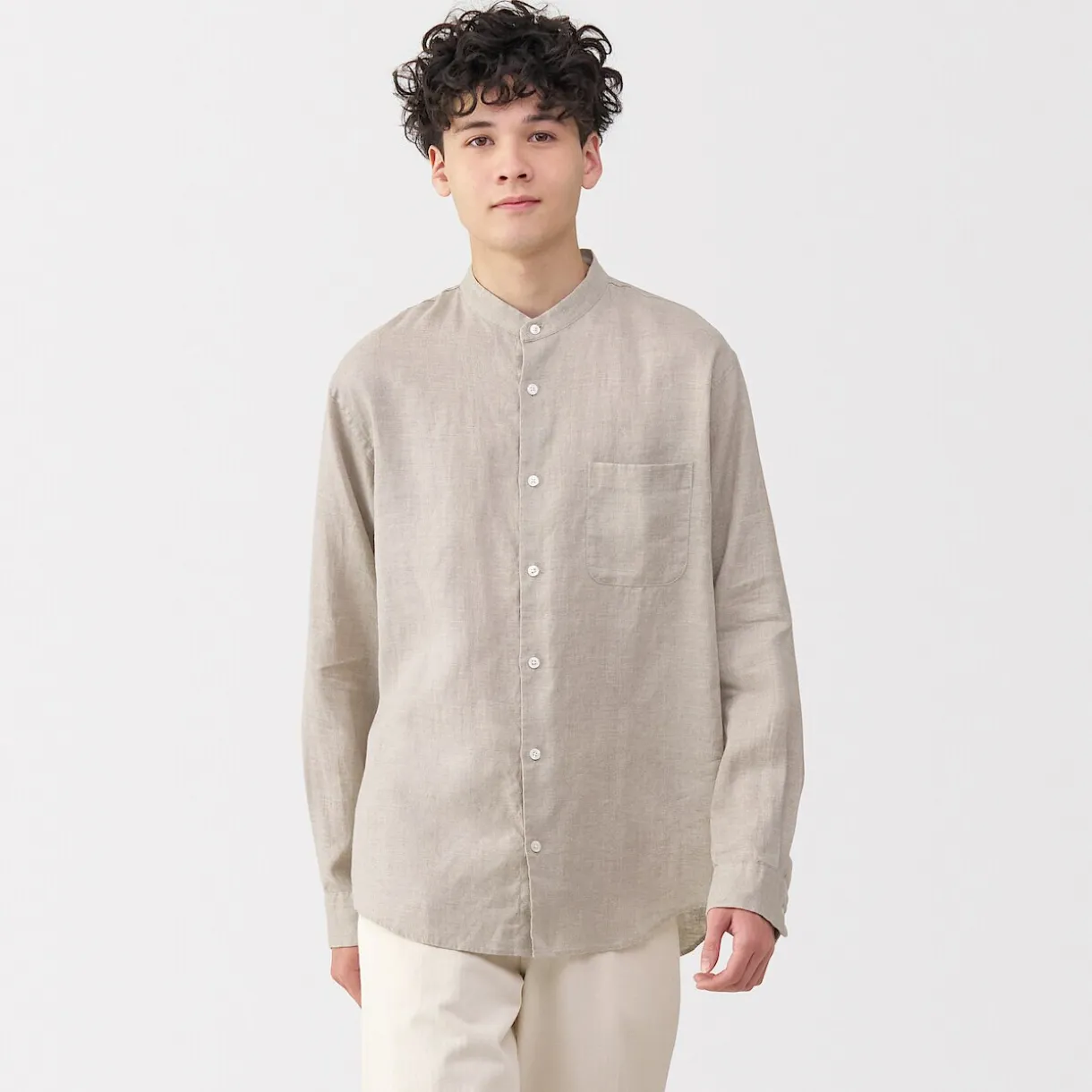 Chemise à col mao en lin lavé pour homme