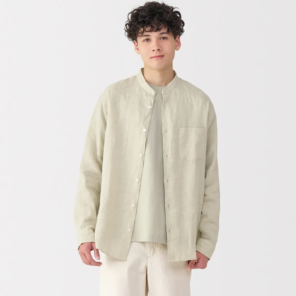 Chemise à col mao en lin lavé pour homme