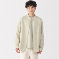 Chemise à col mao en lin lavé pour homme