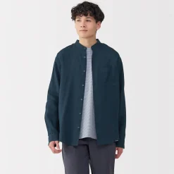 Chemise à col mao en lin lavé pour homme