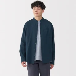 Chemise à col mao en lin lavé pour homme