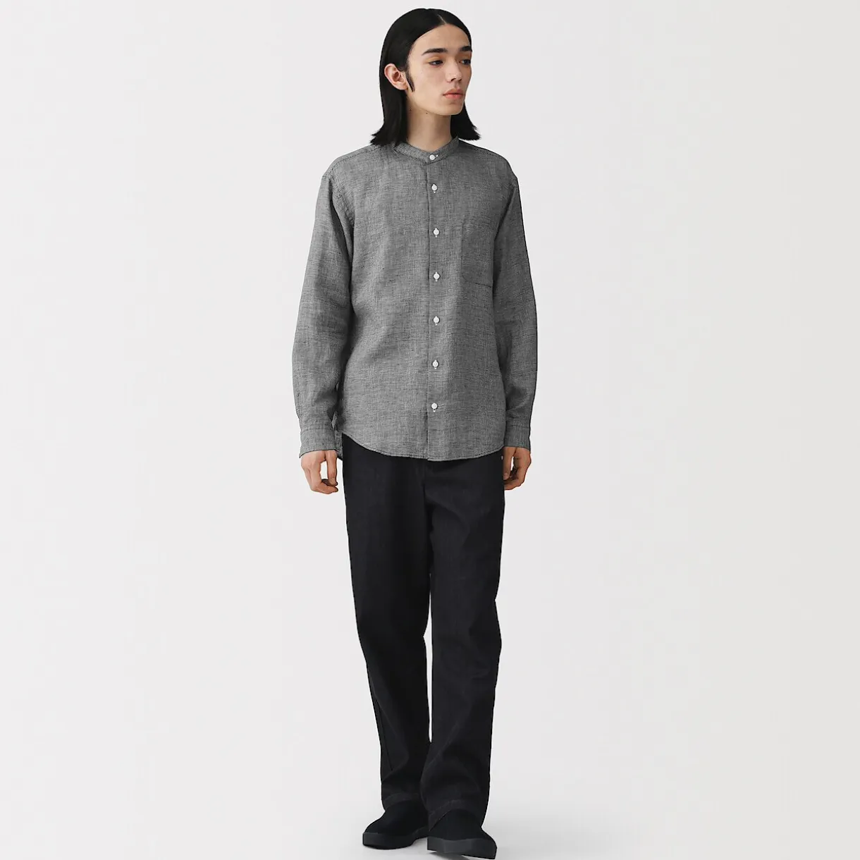 Chemise à col mao en lin lavé pour homme
