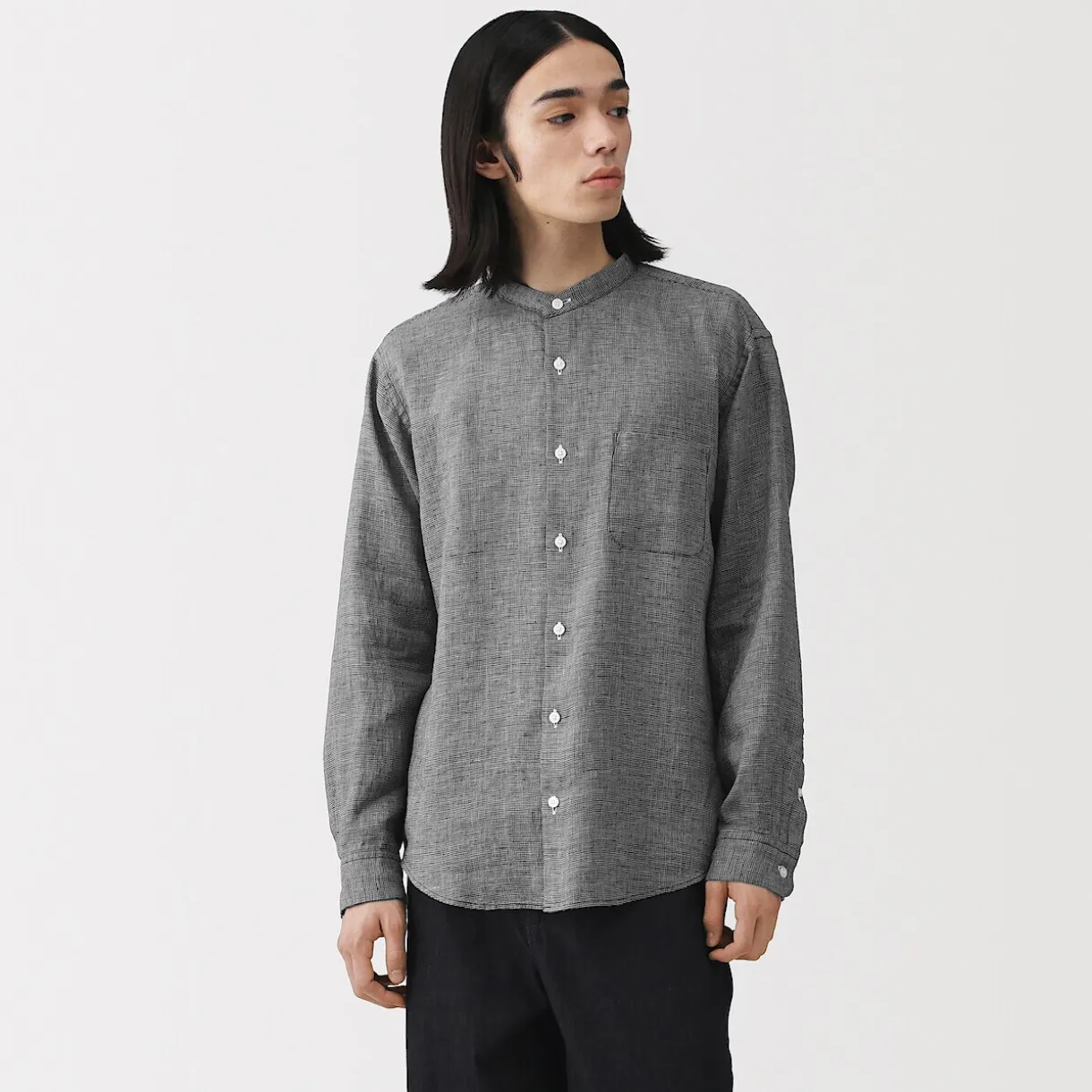 Chemise à col mao en lin lavé pour homme