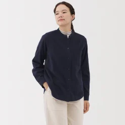Chemise à col montant en flanelle brossée double femme