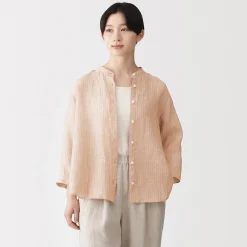 Chemisier à col officier en lin lavé pour femme