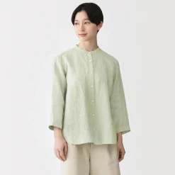 Chemisier à col officier en lin lavé pour femme