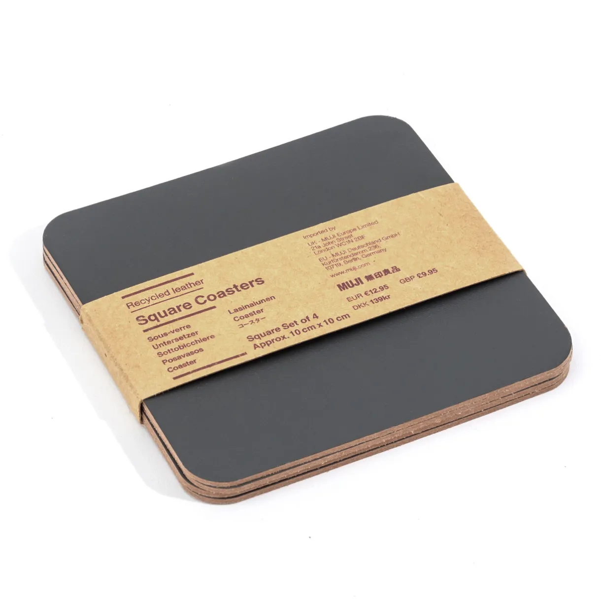 Lot de 4 dessous de verre rectangulaires en cuir recyclé, Graphite