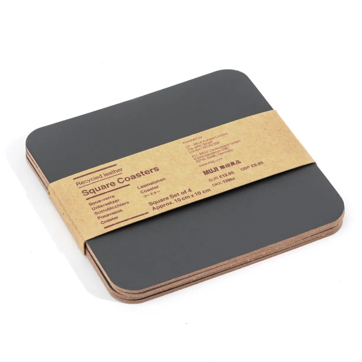 Lot de 4 dessous de verre rectangulaires en cuir recyclé, Graphite