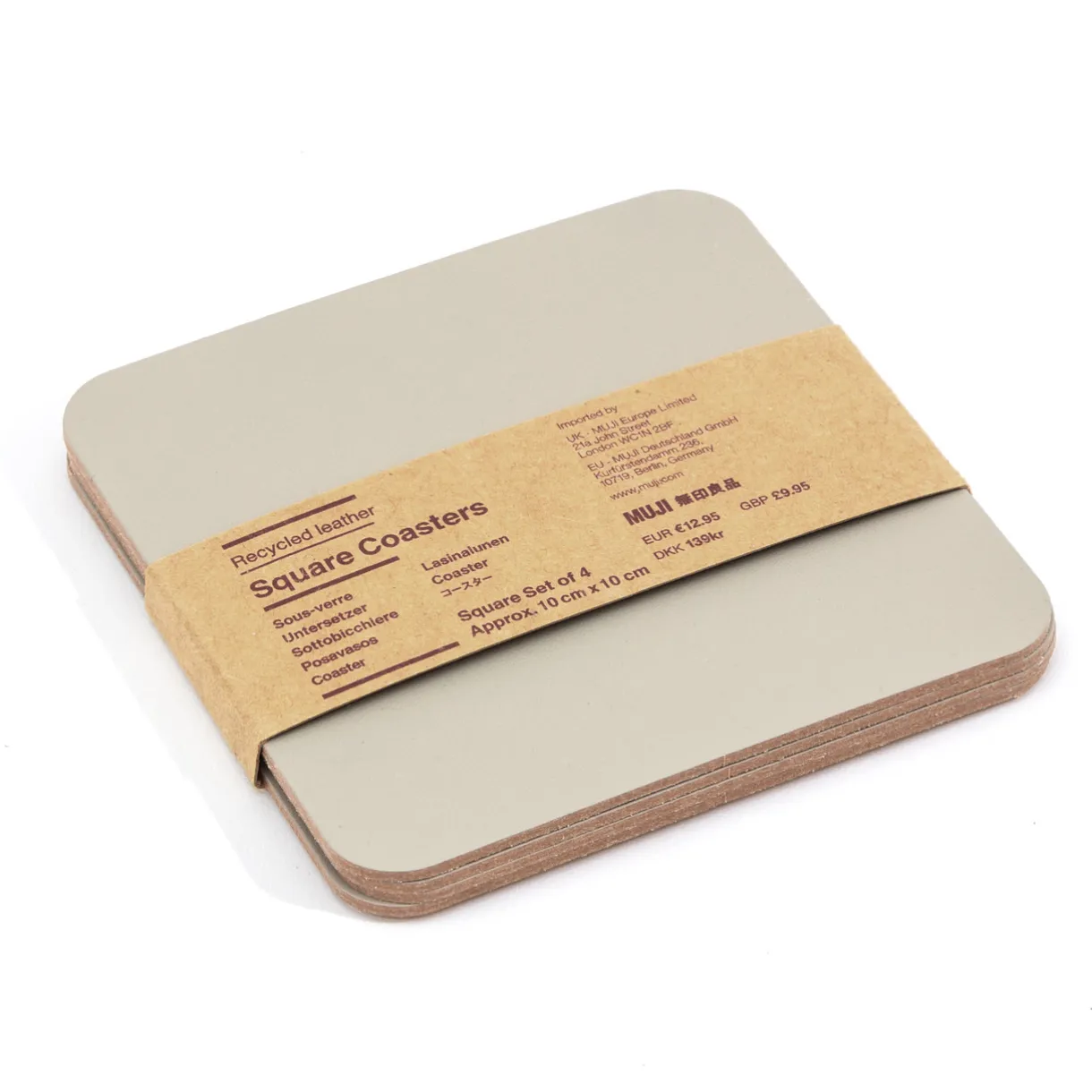 Lot de 4 dessous de verre rectangulaires en cuir recyclé, Gris Cendré