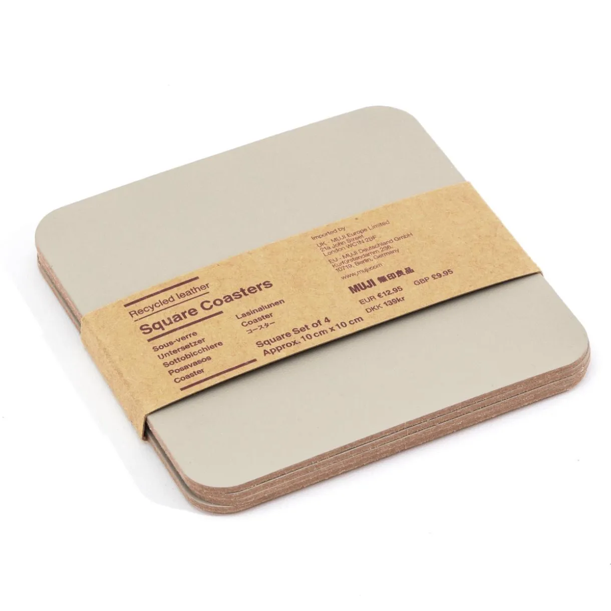 Lot de 4 dessous de verre rectangulaires en cuir recyclé, Gris Cendré