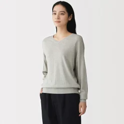 Pull à col en V en mélange de fibres de soja pour femme