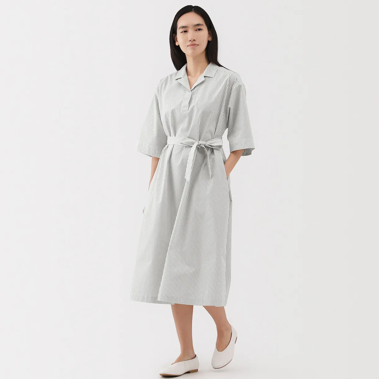 Robe chemise large à manches 3/4 et en coton Quick Dry pour femme