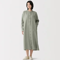 Robe-chemise à col officier en lin lavé pour femme