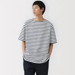 T-shirt à col bateau en coton épais délavé pour homme