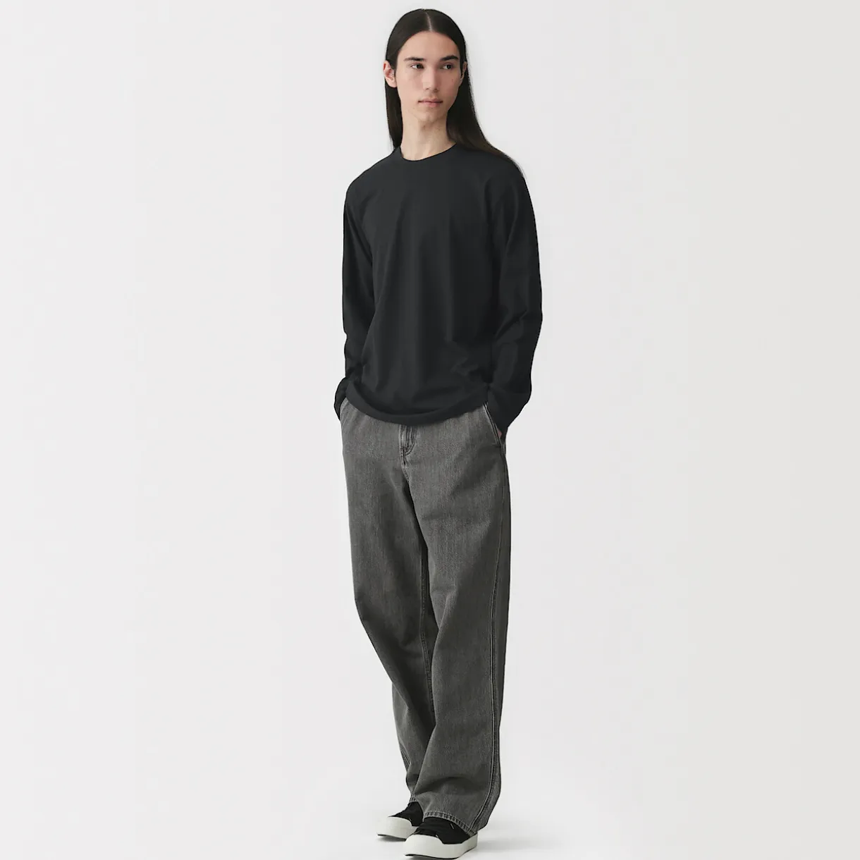 T‐shirt en jersey de coton lavé manches longues pour homme