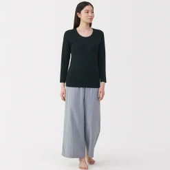 T‐shirt manches longues col U en coton épais et chaud pour femme