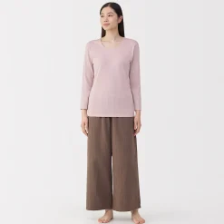 T‐shirt manches longues col U en coton épais et chaud pour femme