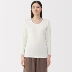 T‐shirt manches longues col U en coton épais et chaud pour femme