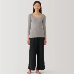 T‐shirt manches longues col U en coton chaud pour femme